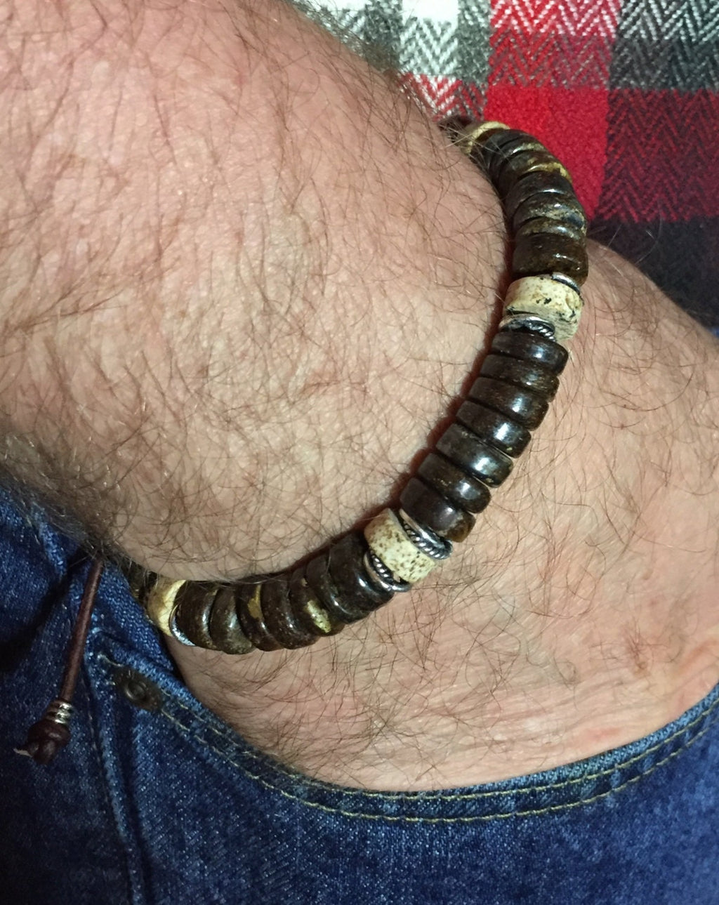 MossberryandStone Mens Bronzite Leather Slide Bracelet 7.5in Adjustable