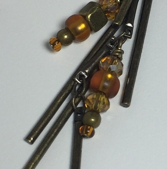 MossberryandStone Antique Bronze and Amber Bar Drop Earrings 2 3/4in