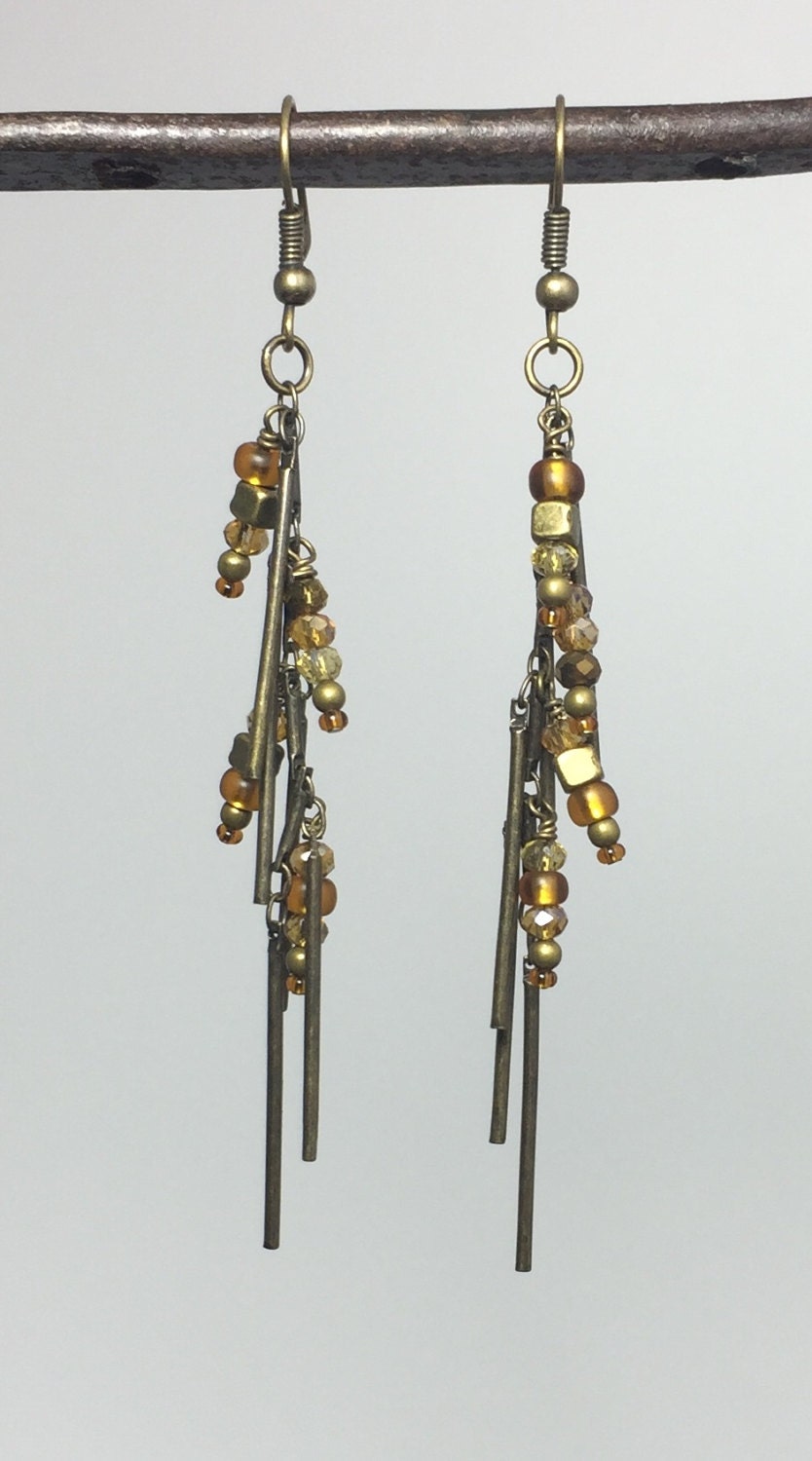 MossberryandStone Antique Bronze and Amber Bar Drop Earrings 2 3/4in