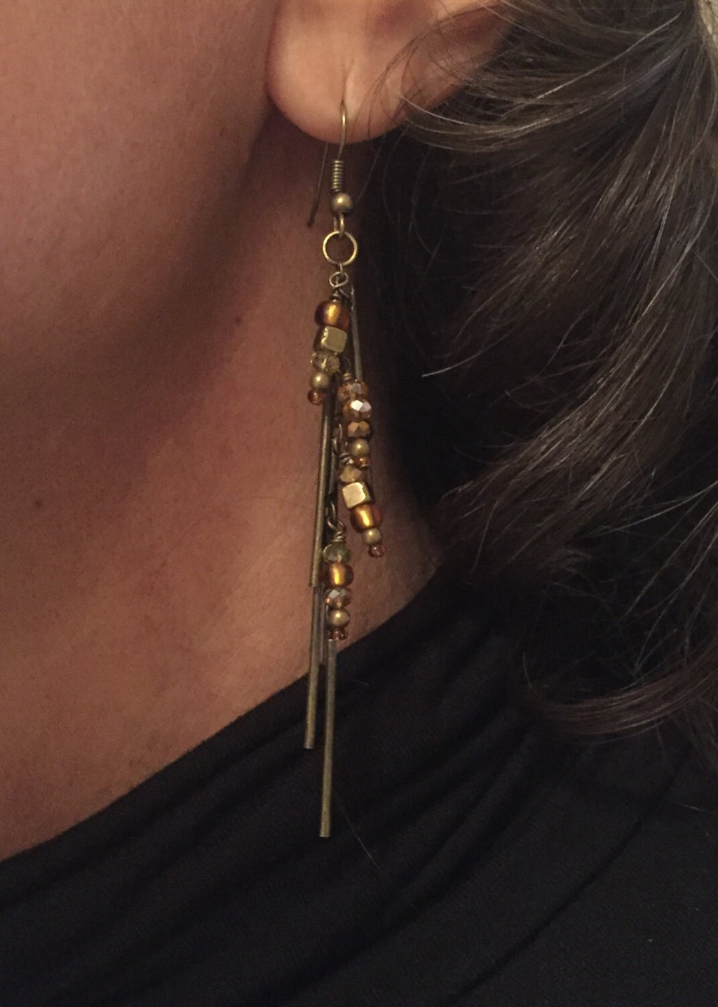 MossberryandStone Antique Bronze and Amber Bar Drop Earrings 2 3/4in