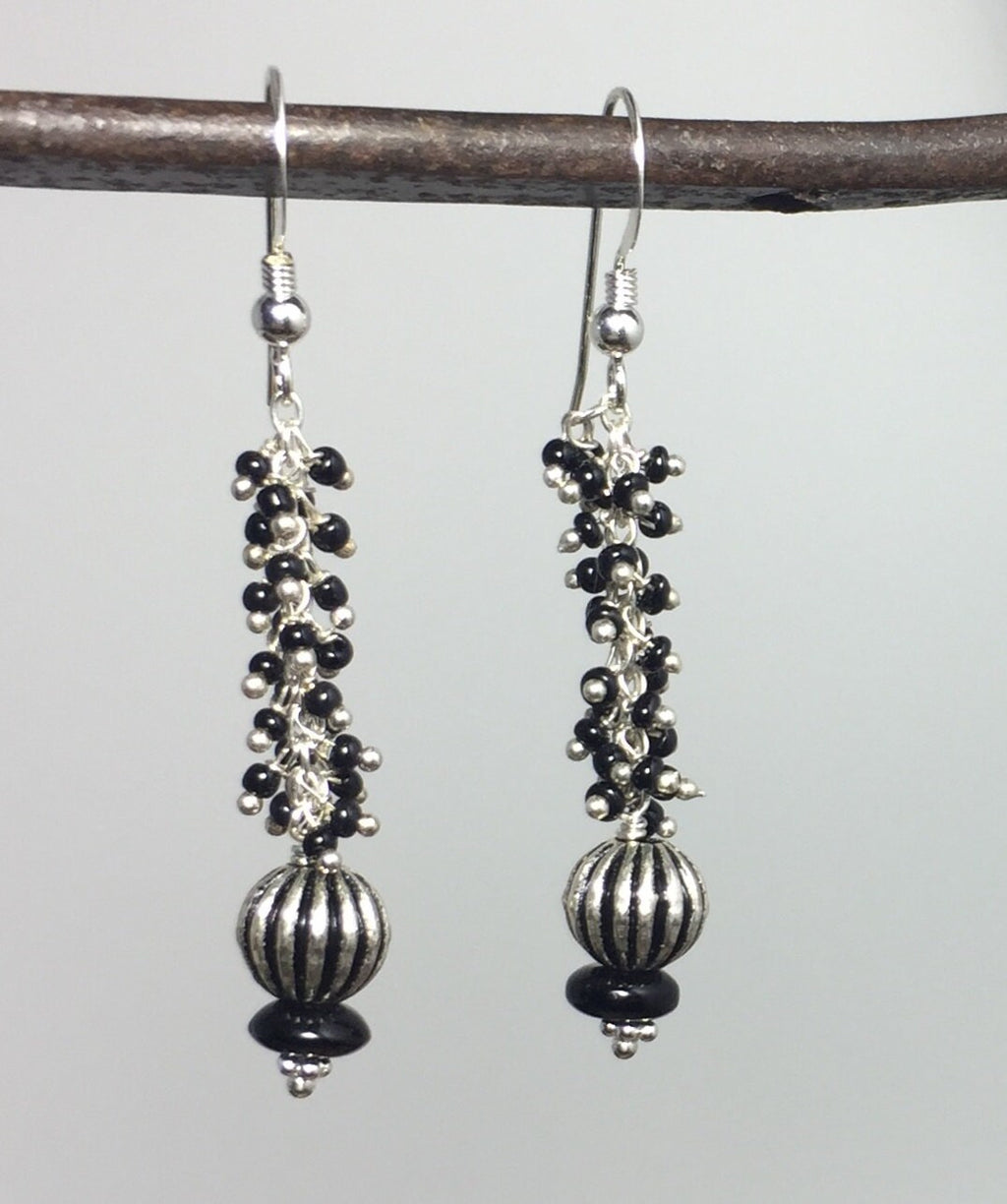 MossberryandStone Black Onyx Sterling Silver Bead Chain Dangle Earrings