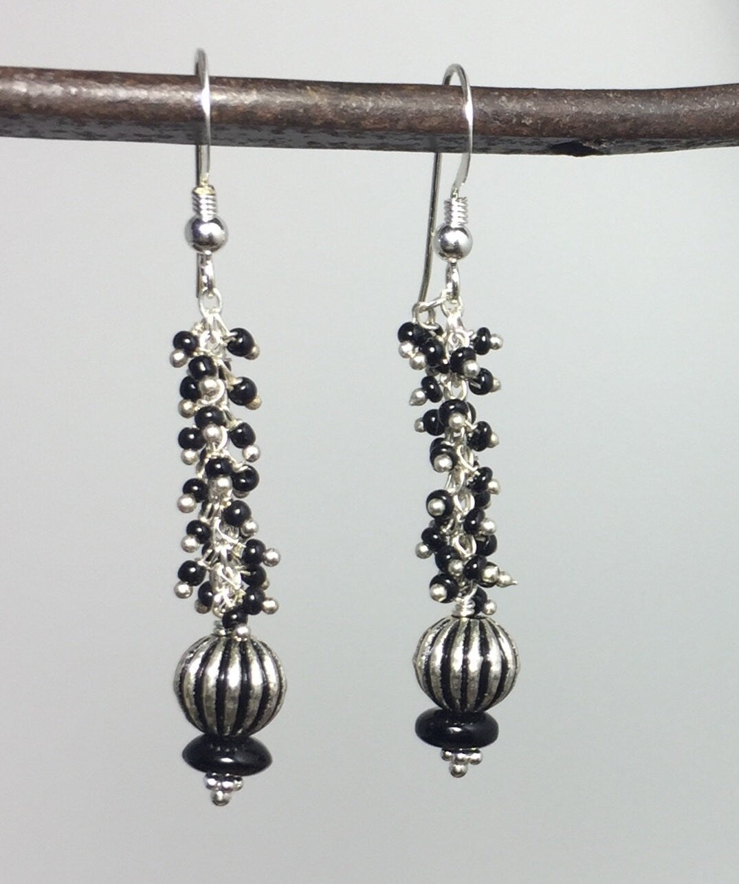 MossberryandStone Black Onyx Sterling Silver Bead Chain Dangle Earrings