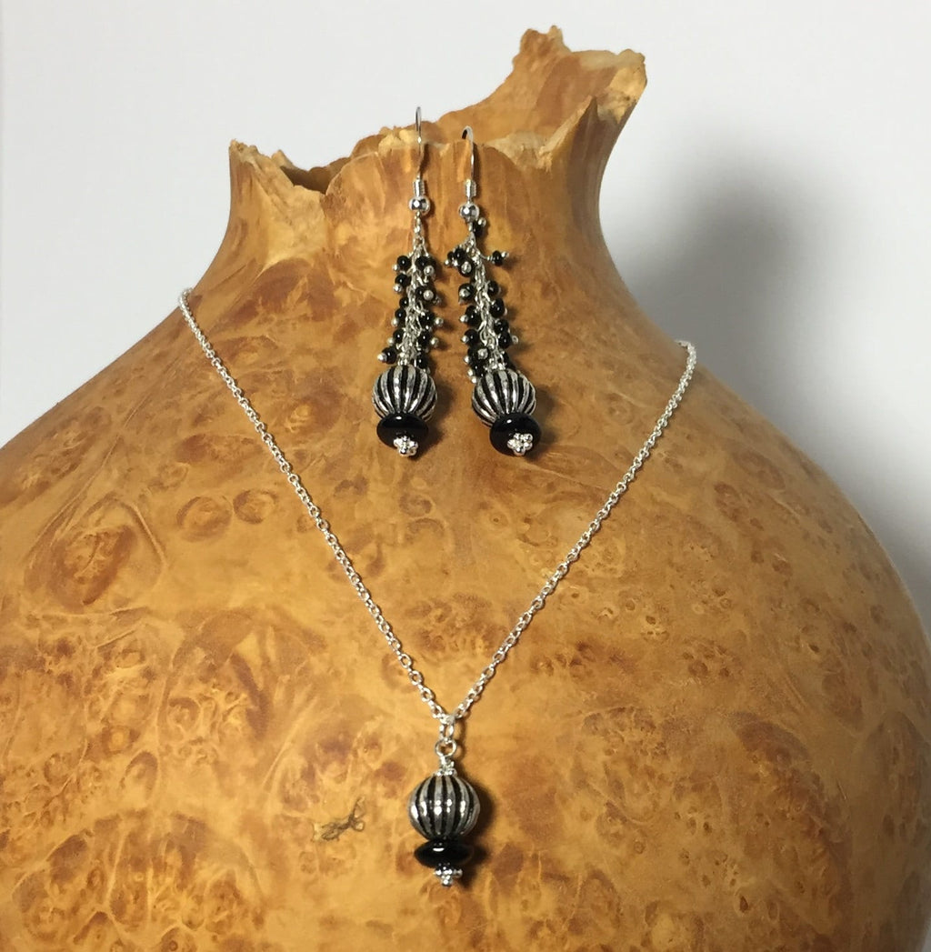 MossberryandStone Black Onyx Sterling Silver Bead Chain Dangle Earrings