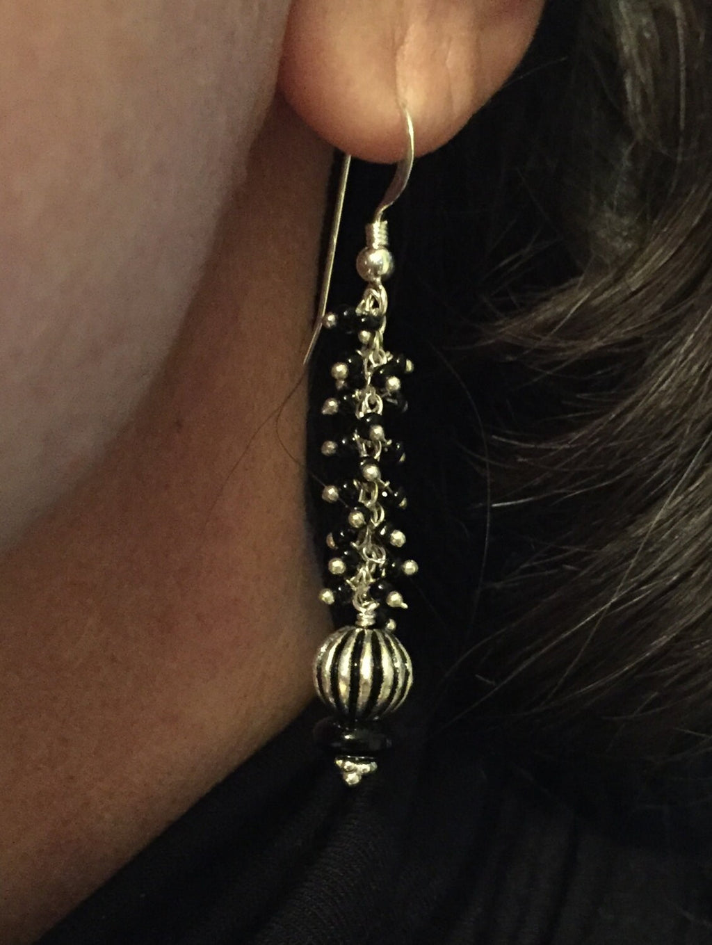 MossberryandStone Black Onyx Sterling Silver Bead Chain Dangle Earrings