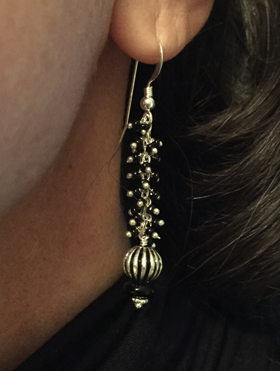 MossberryandStone Black Onyx Sterling Silver Bead Chain Dangle Earrings
