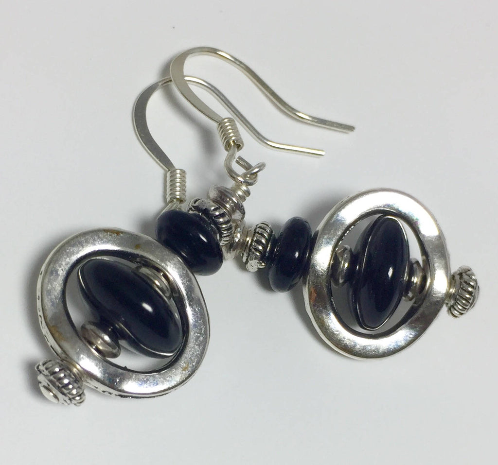 MossberryandStone Black Glass Bead Dangle Earrings Onyx Silver 1in