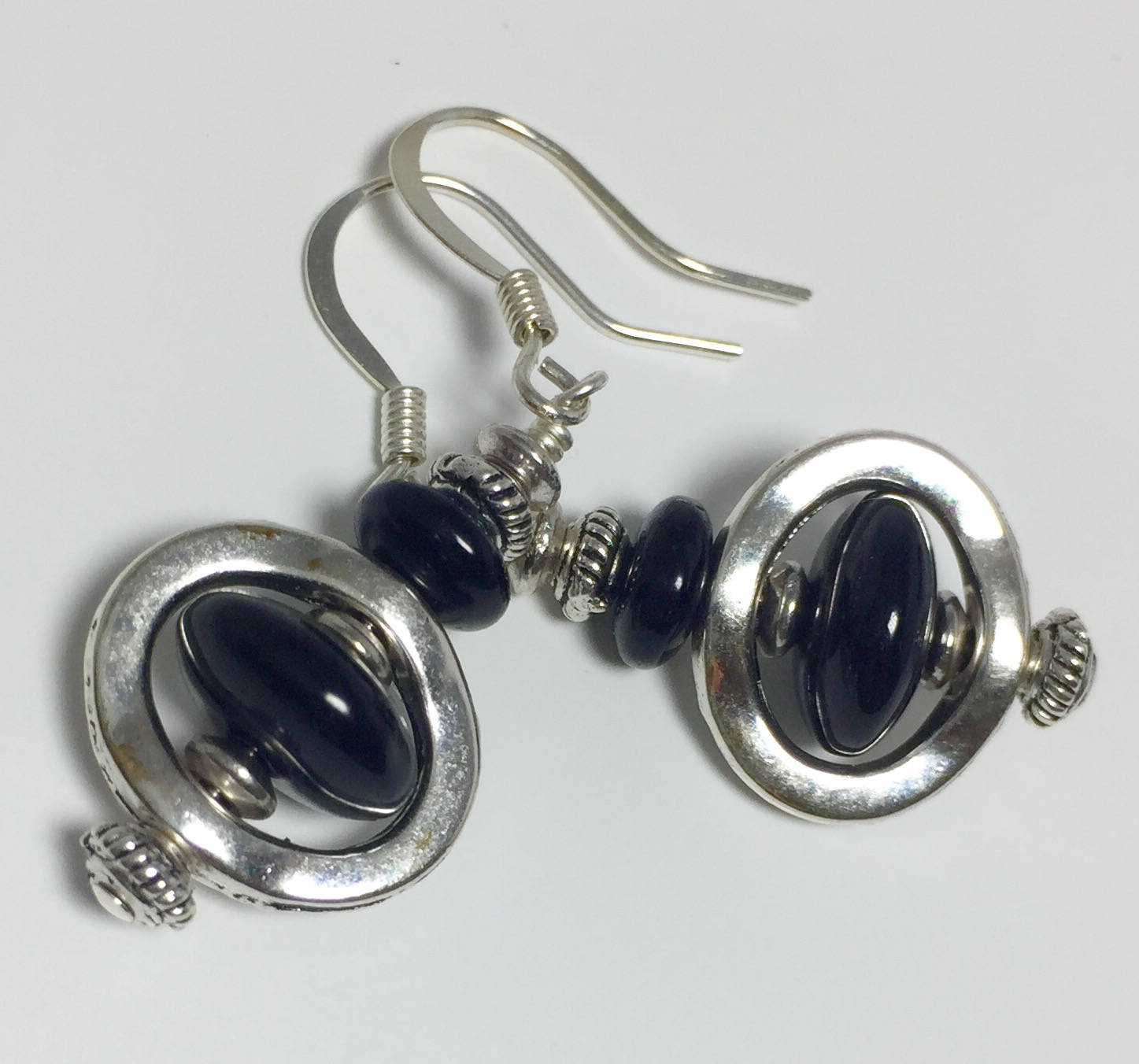 MossberryandStone Black Glass Bead Dangle Earrings Onyx Silver 1in