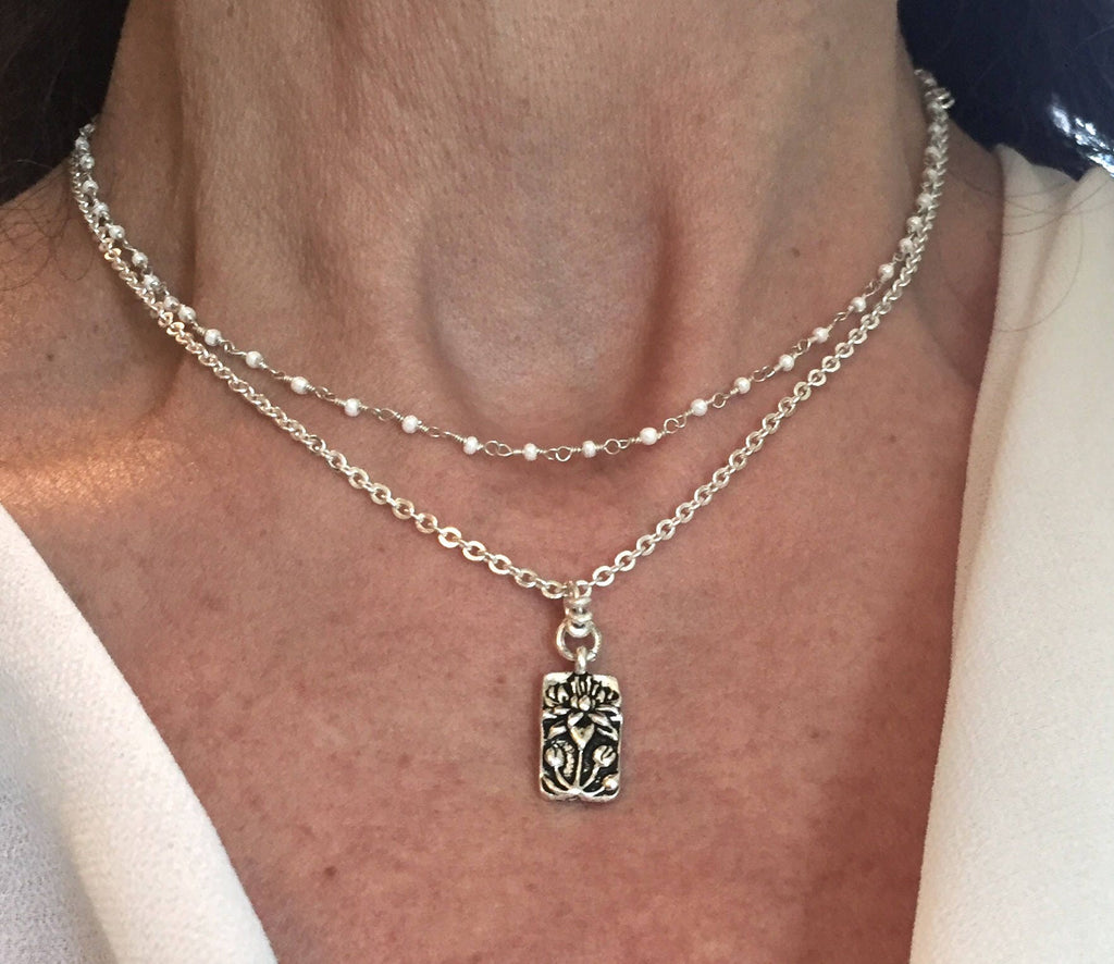 MossberryandStone Silver Layered Necklace Double-Sided Flower Charm Pendant