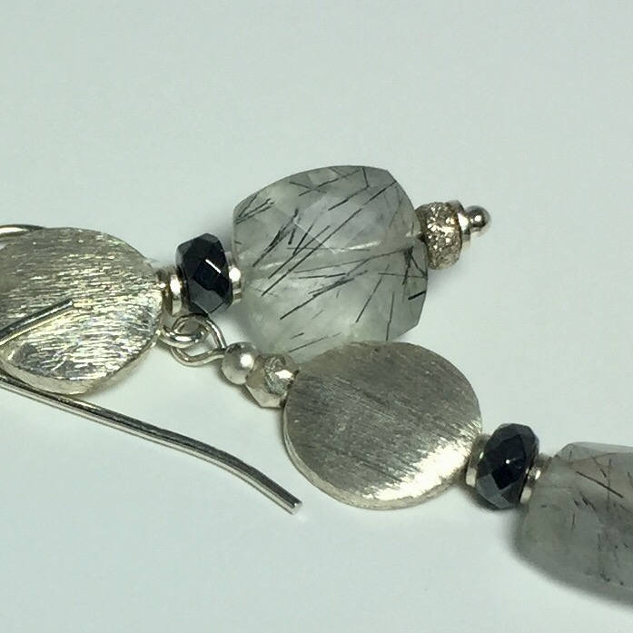 MossberryandStone Rutilated Quartz Sterling Silver Dangle Earrings Black