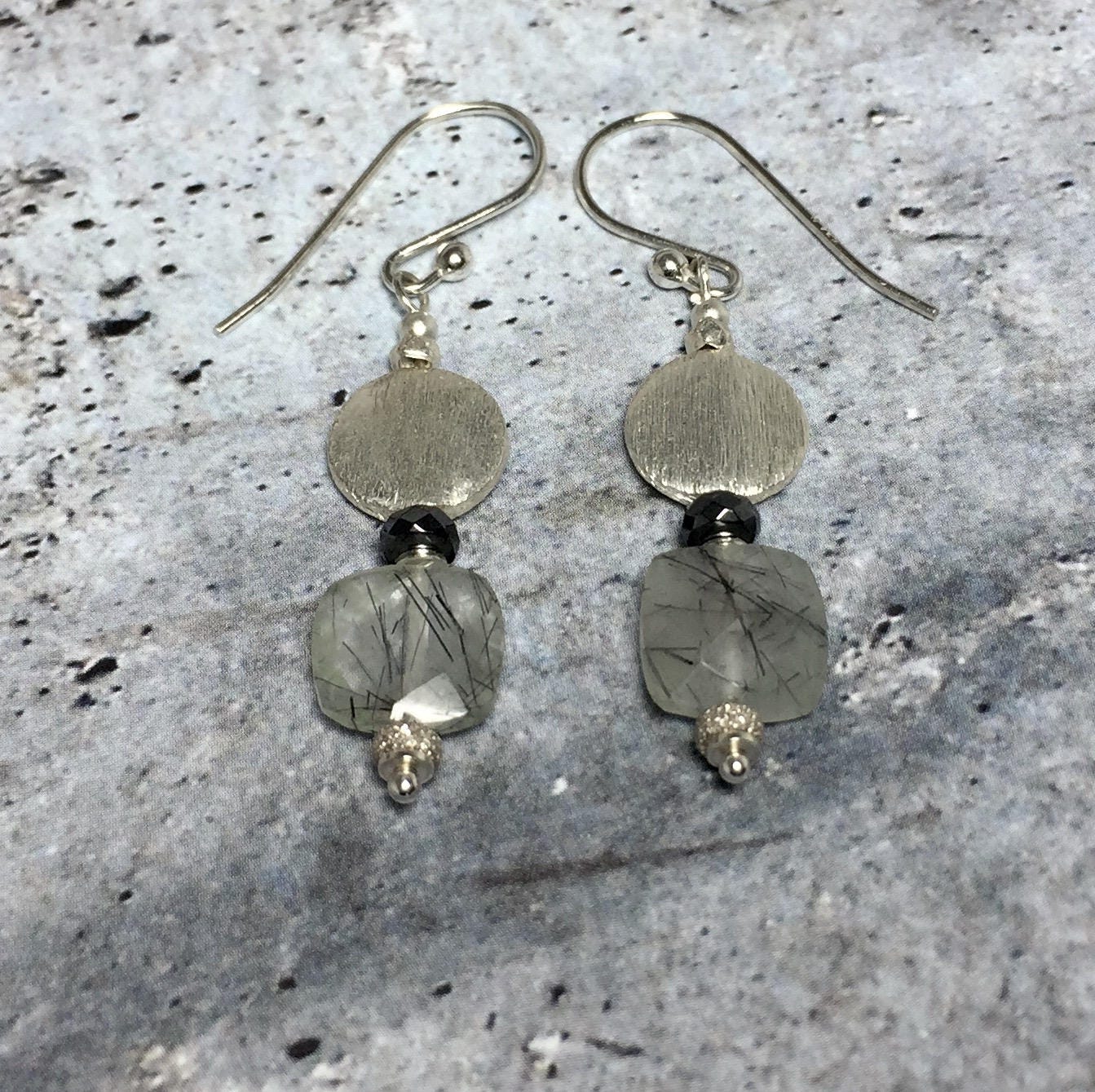 MossberryandStone Rutilated Quartz Sterling Silver Dangle Earrings Black