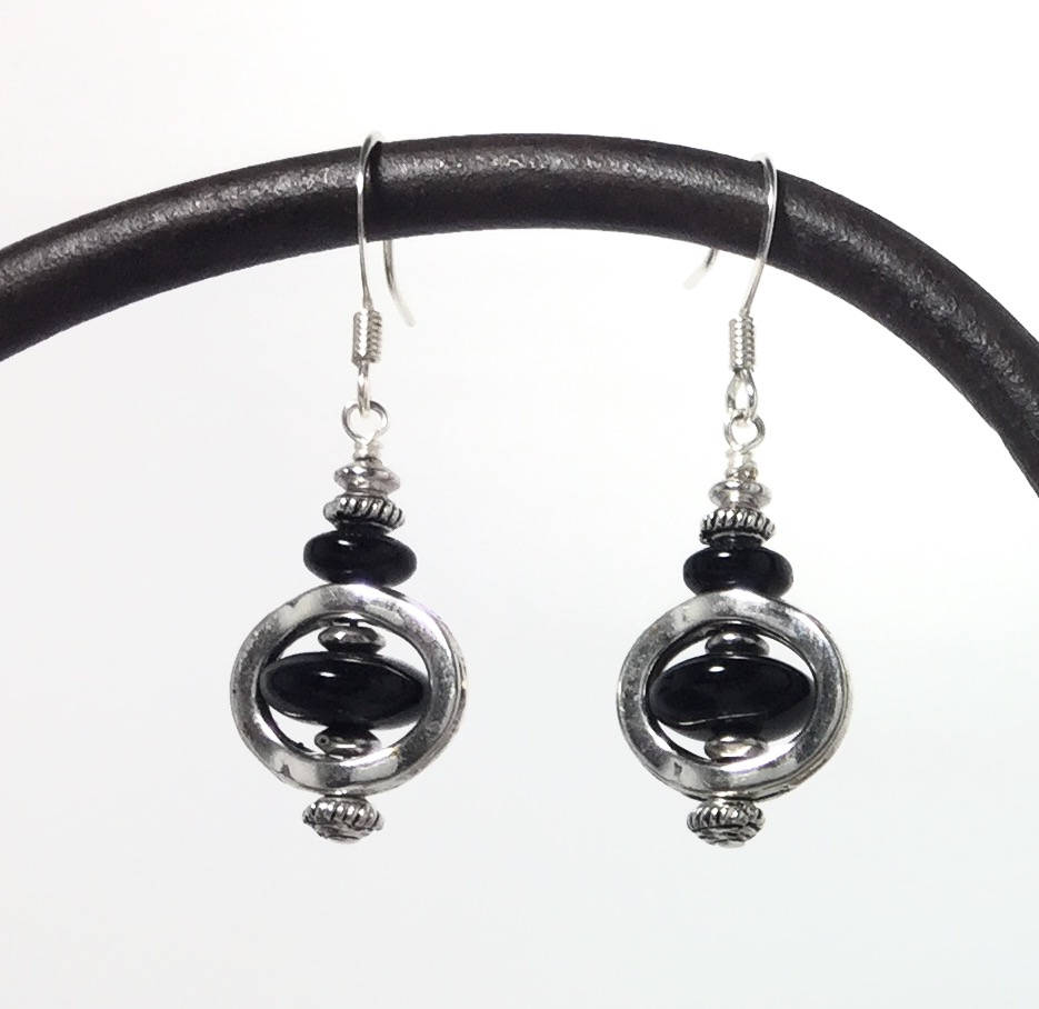 MossberryandStone Black Glass Bead Dangle Earrings Onyx Silver 1in
