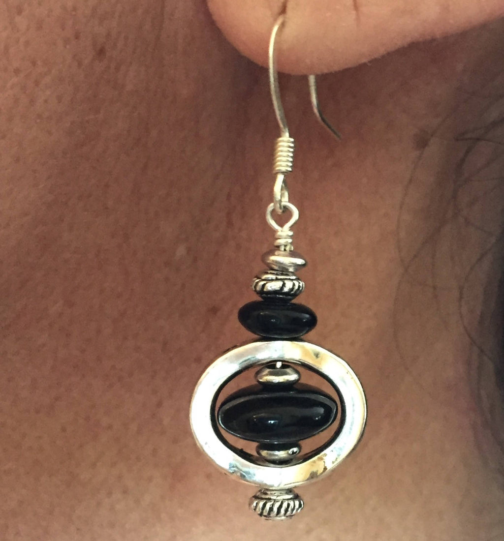 MossberryandStone Black Glass Bead Dangle Earrings Onyx Silver 1in