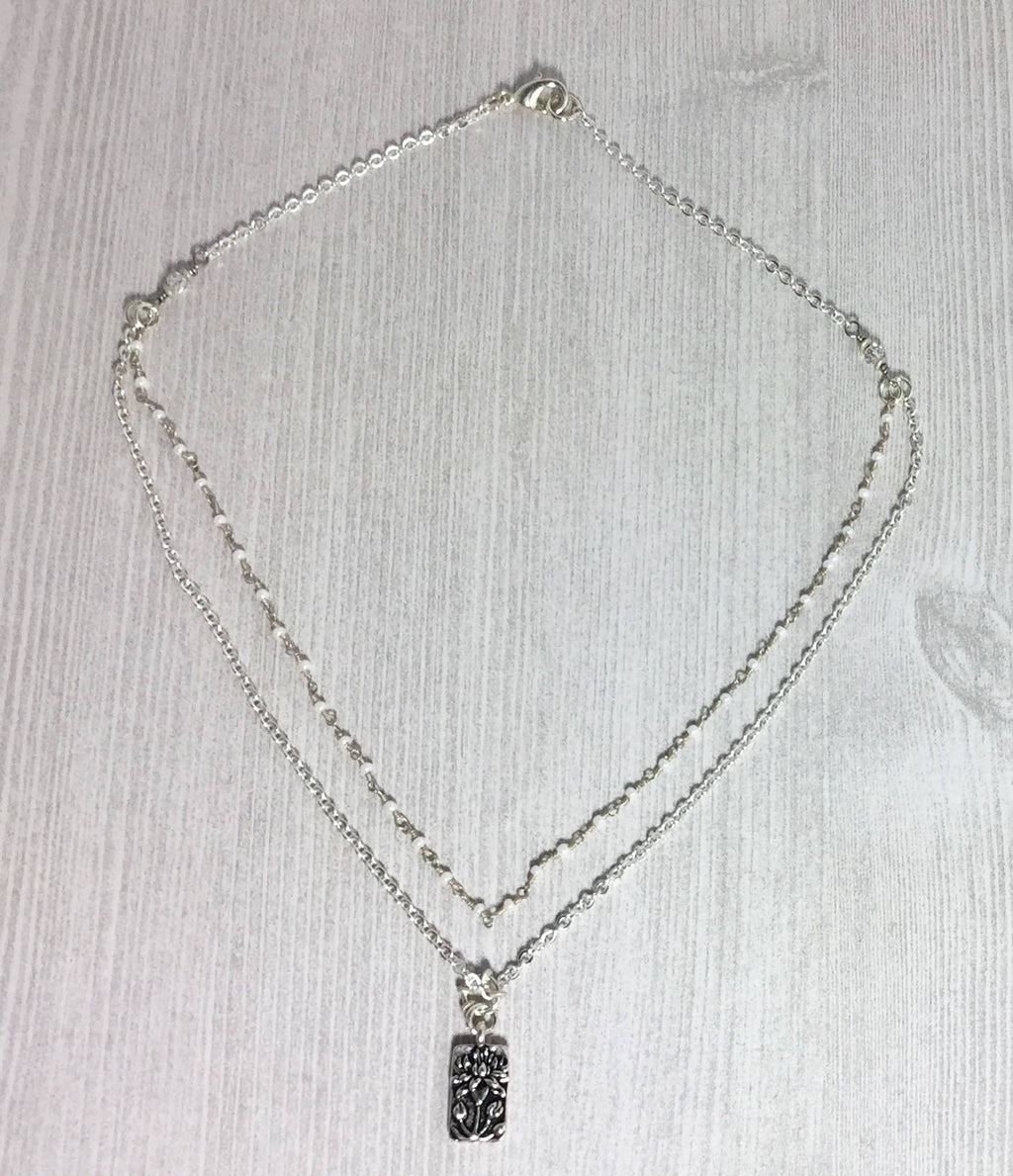 MossberryandStone Silver Layered Necklace Double-Sided Flower Charm Pendant