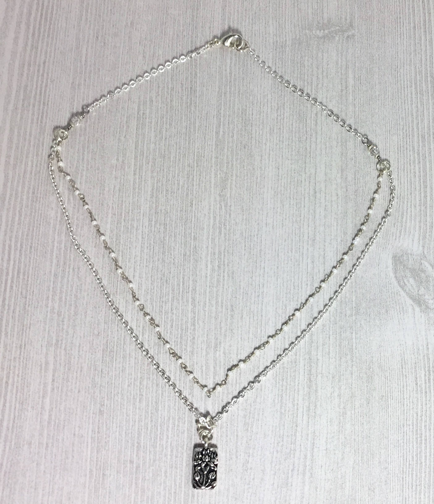 MossberryandStone Silver Layered Necklace Double-Sided Flower Charm Pendant