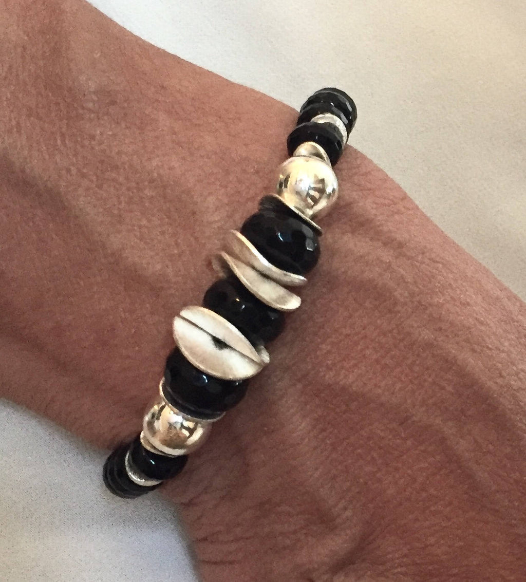 MossberryandStone Black Onyx Beaded Bracelet Silver Toggle Clasp