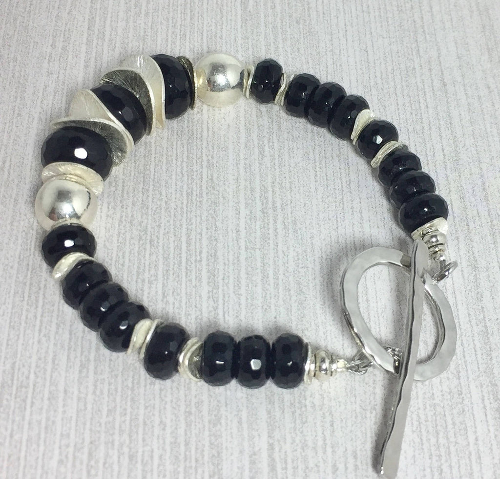 MossberryandStone Black Onyx Beaded Bracelet Silver Toggle Clasp
