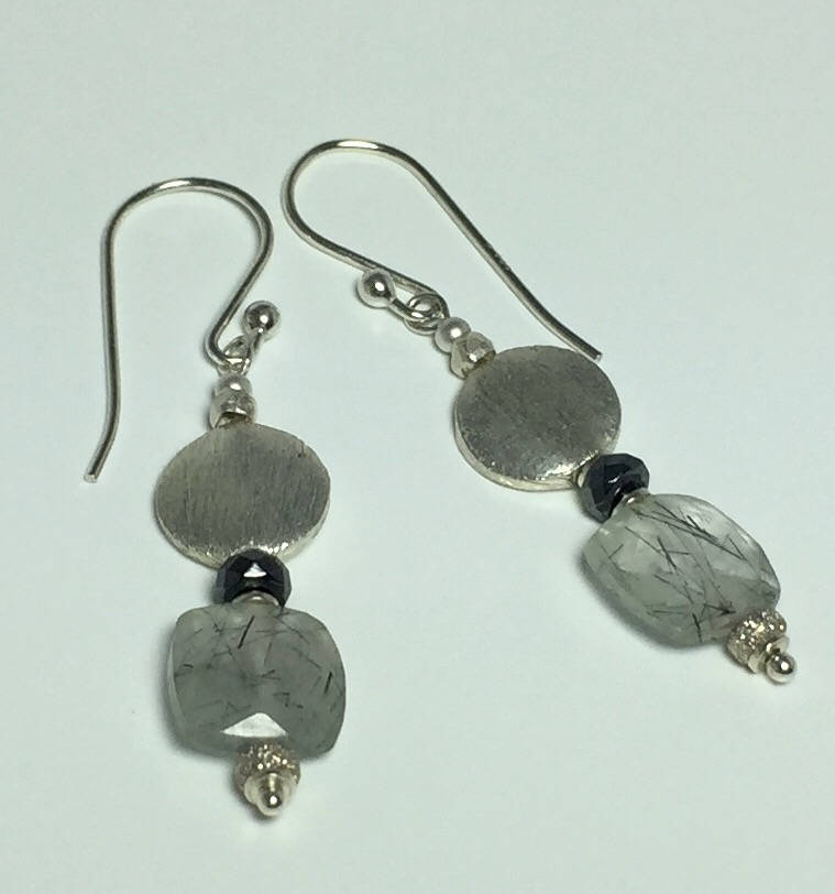 MossberryandStone Rutilated Quartz Sterling Silver Dangle Earrings Black