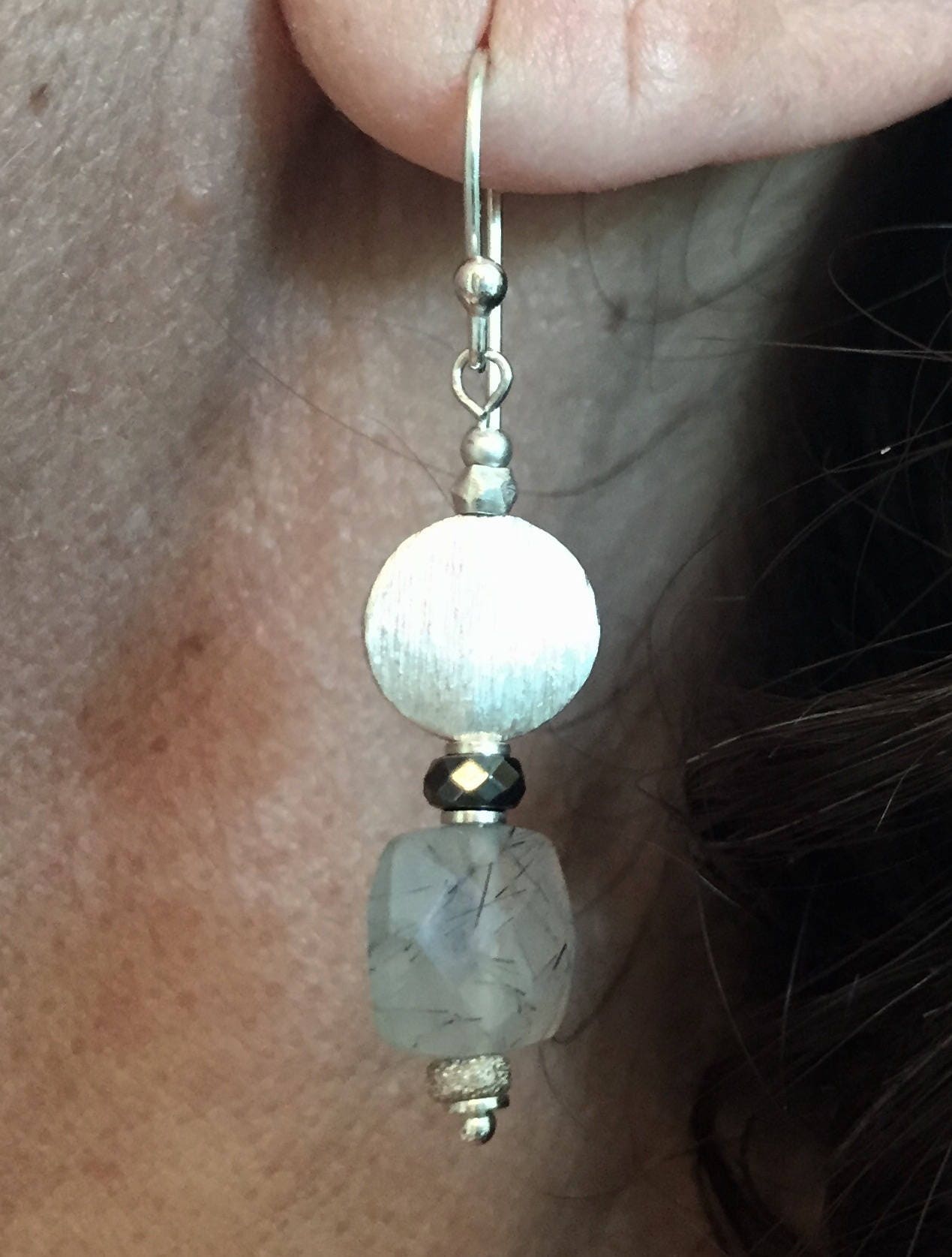 MossberryandStone Rutilated Quartz Sterling Silver Dangle Earrings Black
