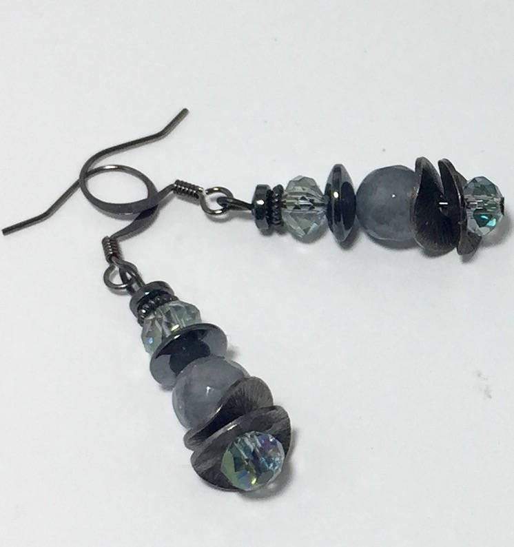 MossberryandStone Gunmetal Silver Jade Dangle Earrings 1.5in