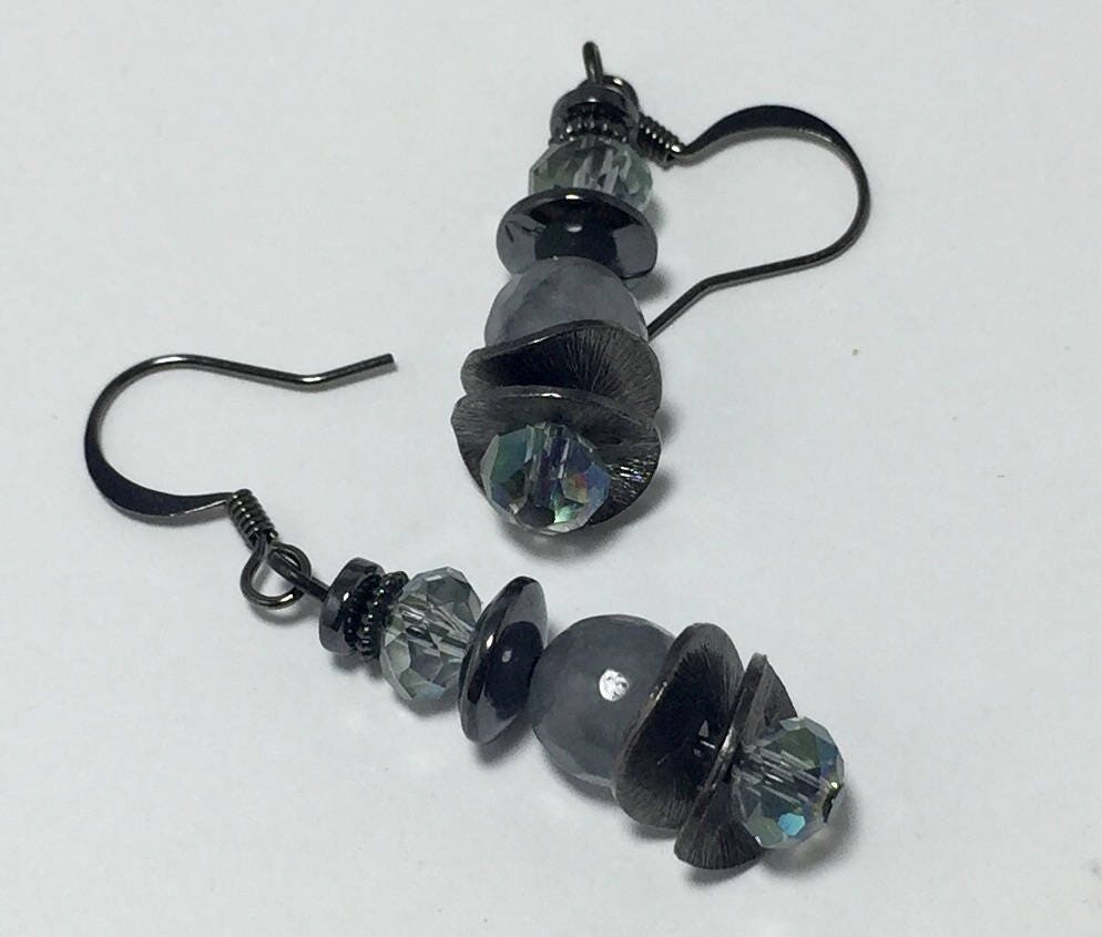 MossberryandStone Gunmetal Silver Jade Dangle Earrings 1.5in