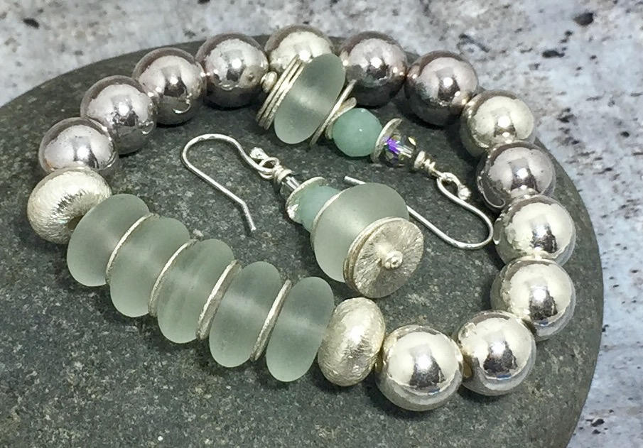 MossberryandStone Recycled Glass Beaded Bracelet Seafoam Green