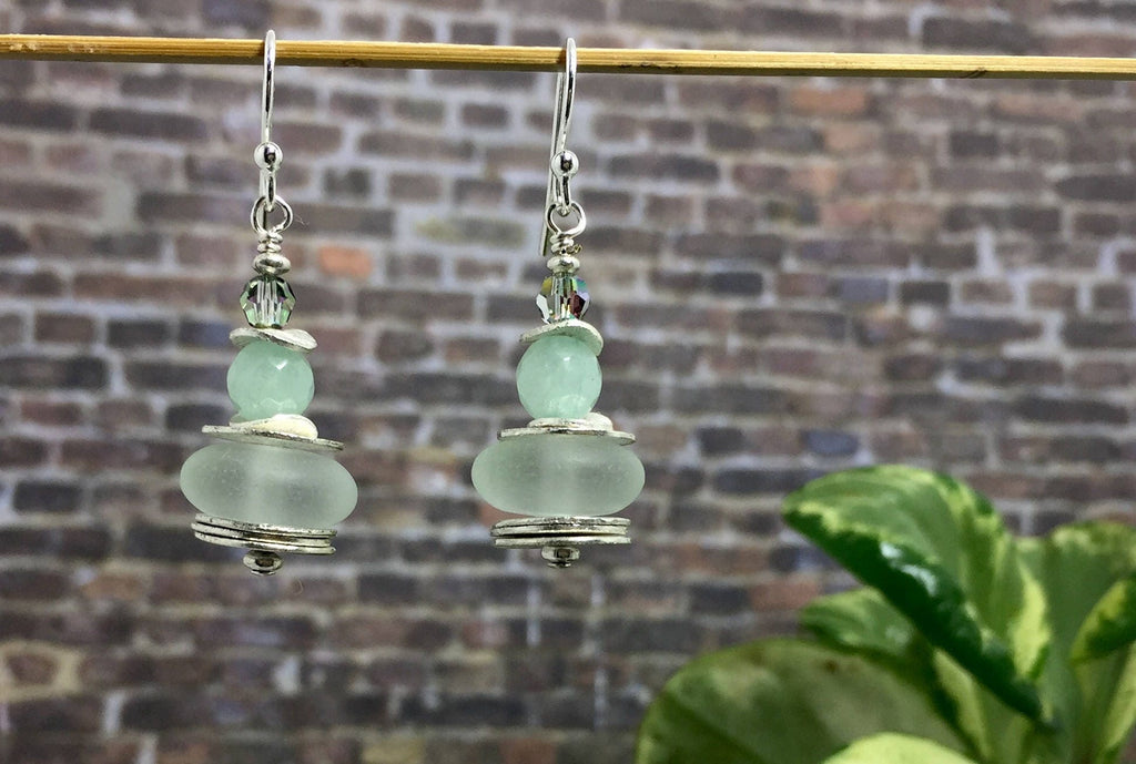 MossberryandStone Recycled Glass Dangle Earrings Silver Swarovski Green