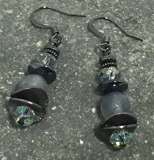 MossberryandStone Gunmetal Silver Jade Dangle Earrings 1.5in