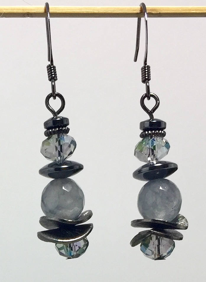 MossberryandStone Gunmetal Silver Jade Dangle Earrings 1.5in
