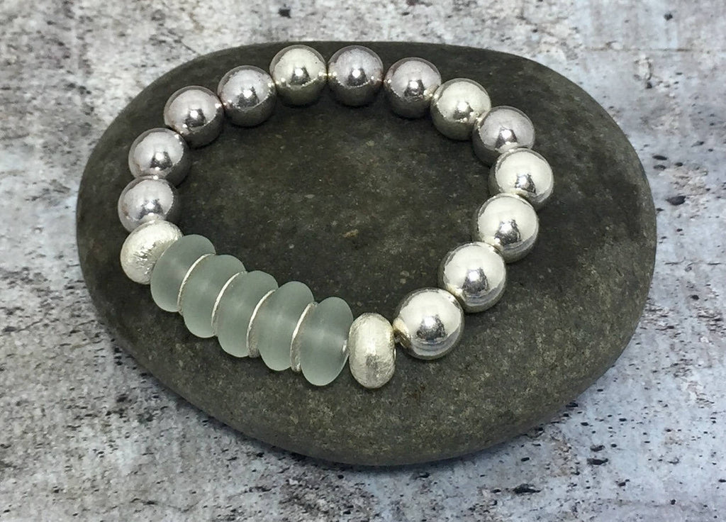 MossberryandStone Recycled Glass Beaded Bracelet Seafoam Green
