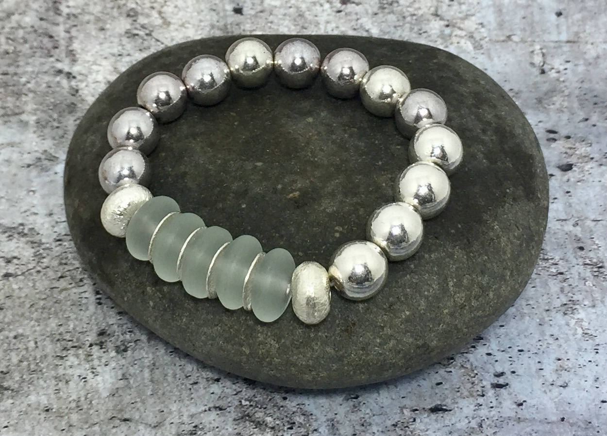 MossberryandStone Recycled Glass Beaded Bracelet Seafoam Green
