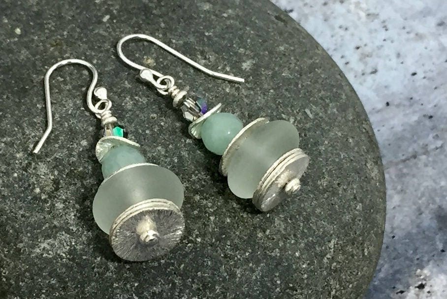 MossberryandStone Recycled Glass Dangle Earrings Silver Swarovski Green