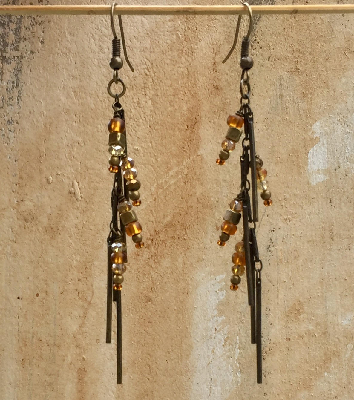 MossberryandStone Antique Bronze and Amber Bar Drop Earrings 2 3/4in
