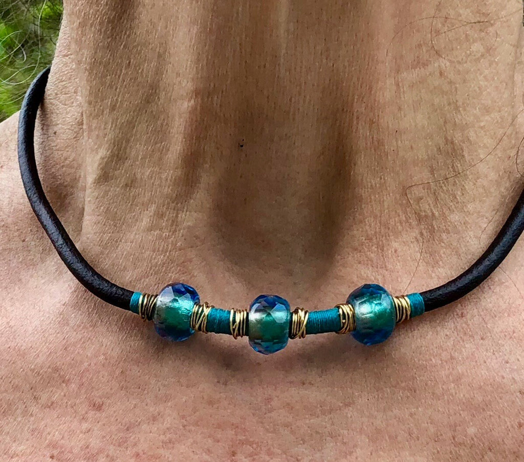 MossberryandStone Leather Choker With Blue Glass Beads Adjustable