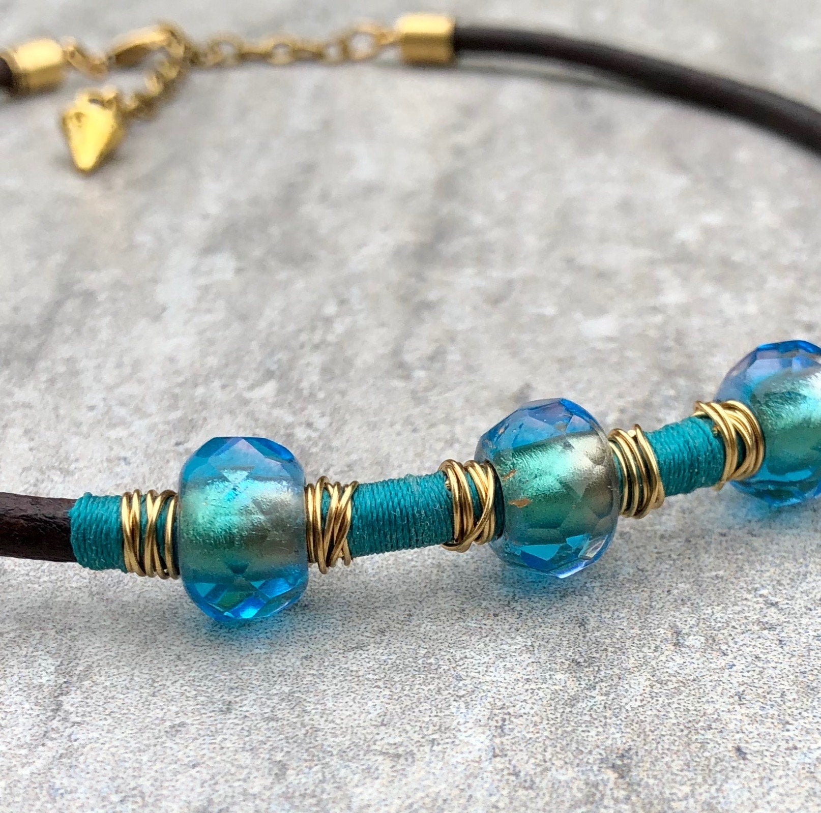 MossberryandStone Leather Choker With Blue Glass Beads Adjustable