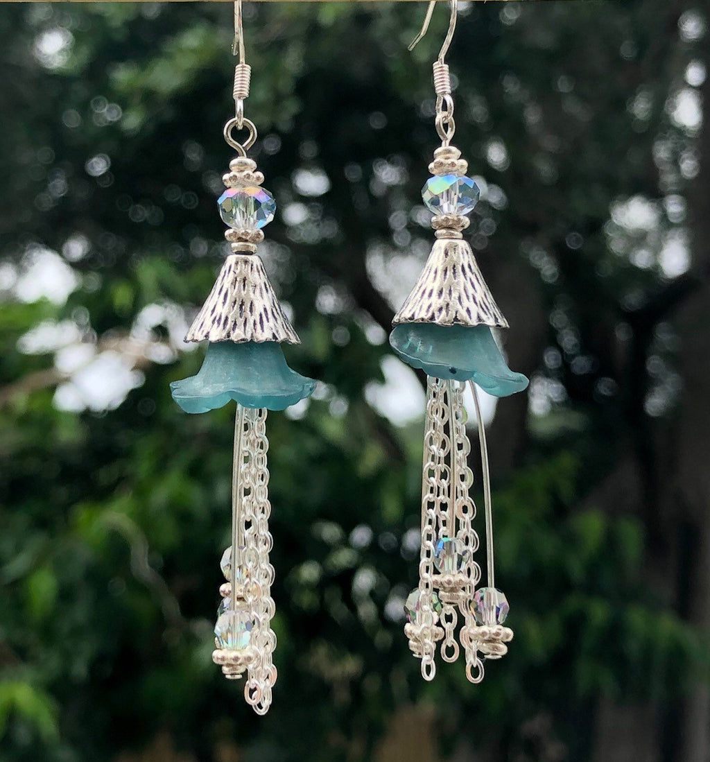 MossberryandStone Blue Lucite Swarovski Crystal Dangle Earrings