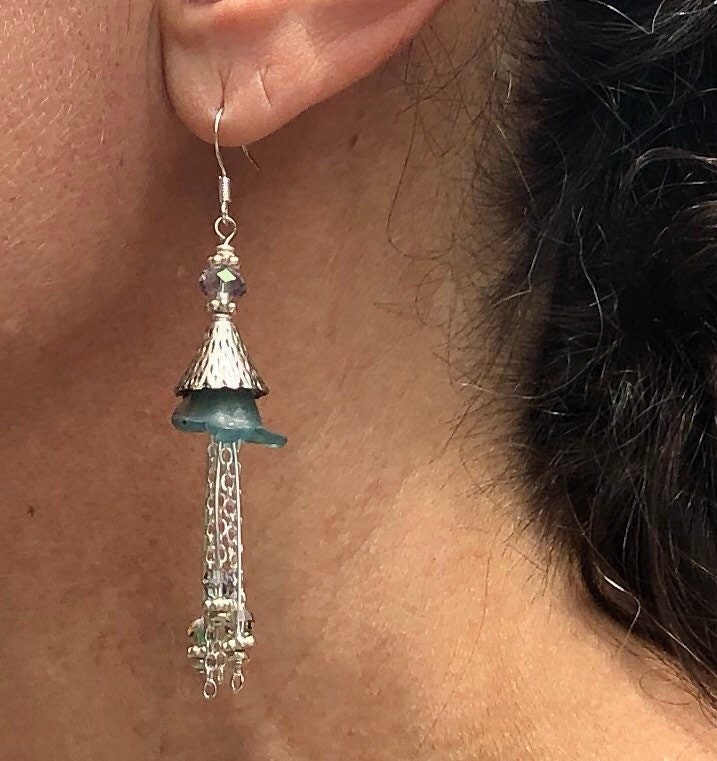 MossberryandStone Blue Lucite Swarovski Crystal Dangle Earrings