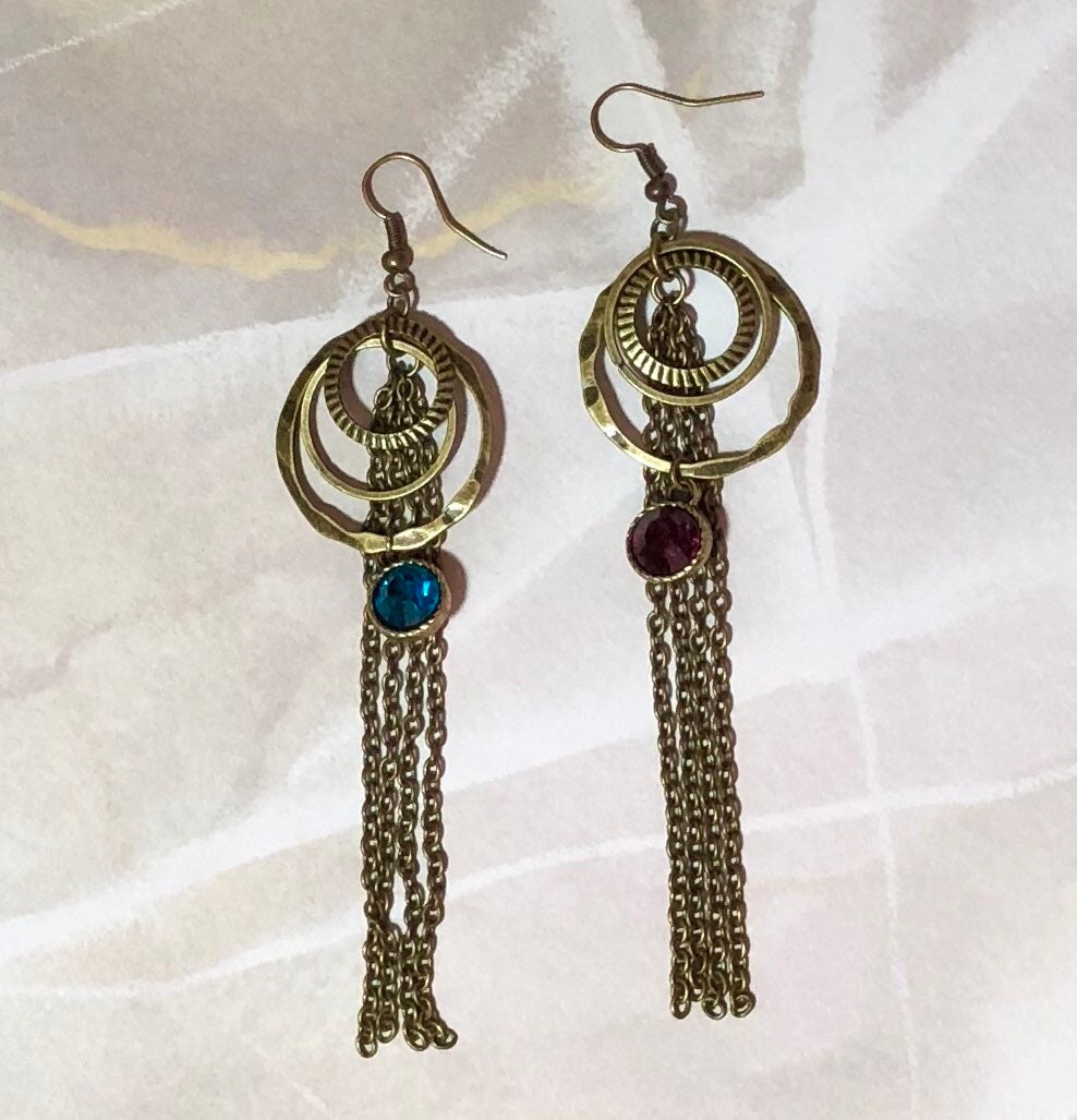 MossberryandStone Antique Bronze Tassel Dangle Earrings with Crystal Charm 4in