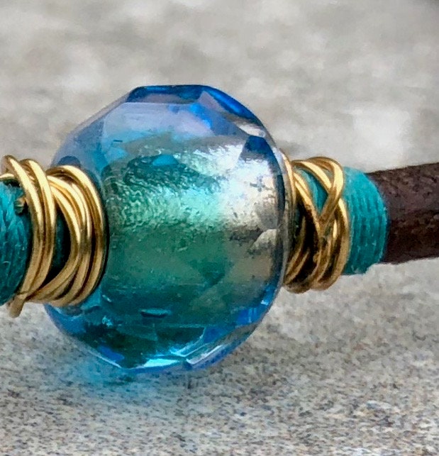 MossberryandStone Leather Choker With Blue Glass Beads Adjustable
