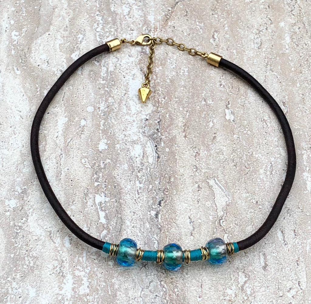 MossberryandStone Leather Choker With Blue Glass Beads Adjustable