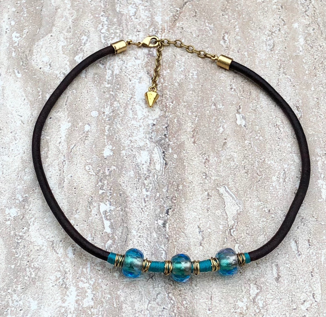 MossberryandStone Leather Choker With Blue Glass Beads Adjustable