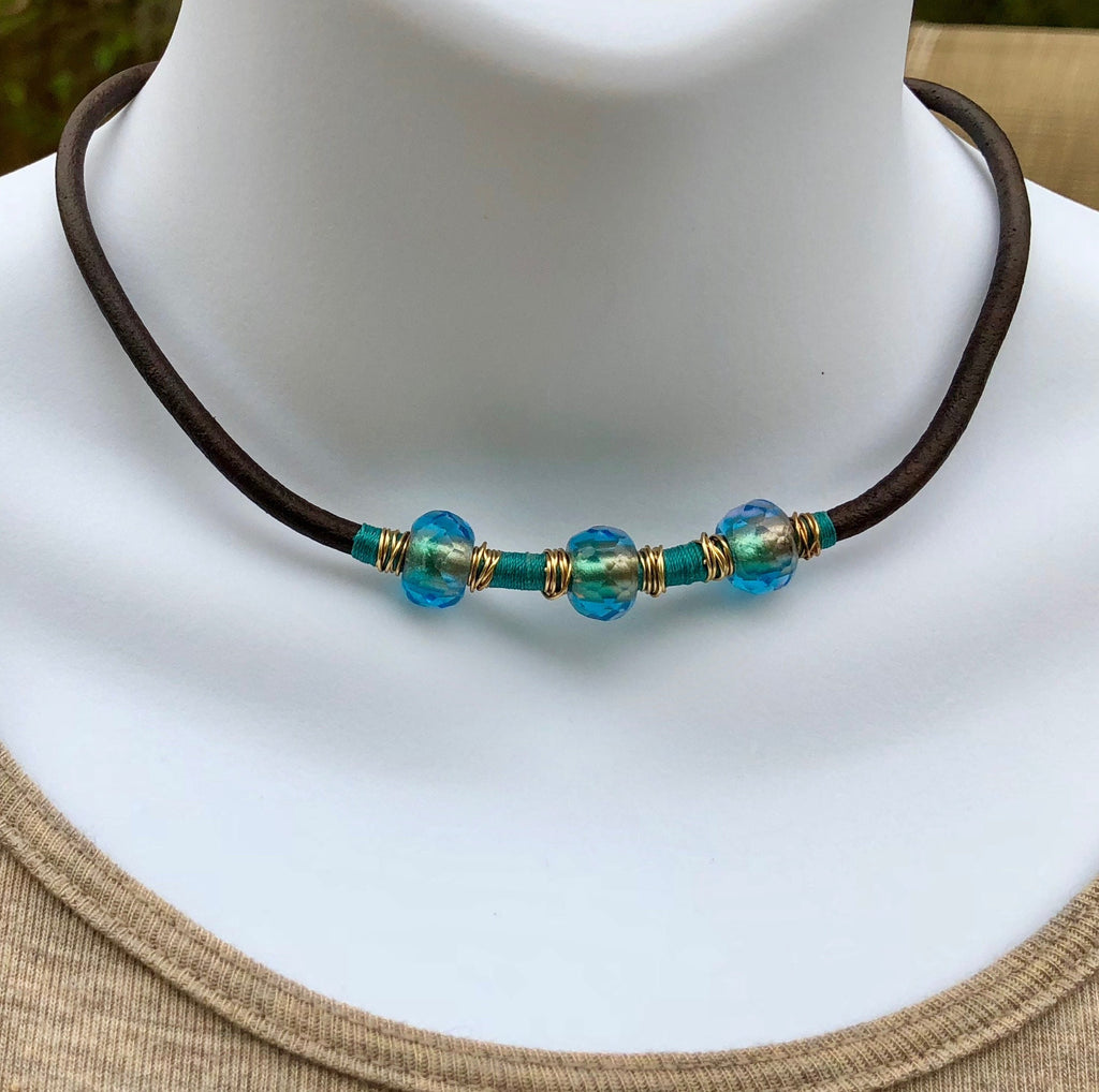 MossberryandStone Leather Choker With Blue Glass Beads Adjustable