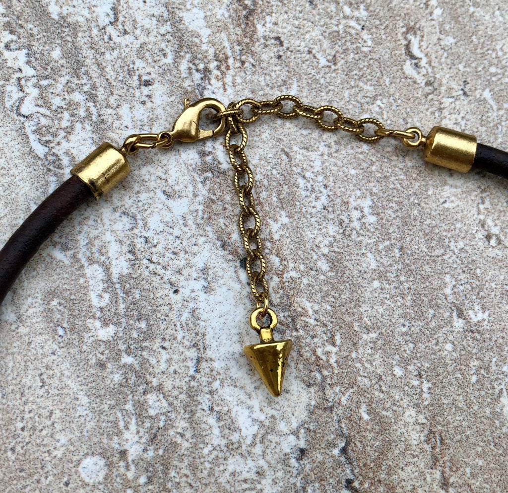 MossberryandStone Leather Choker With Blue Glass Beads Adjustable