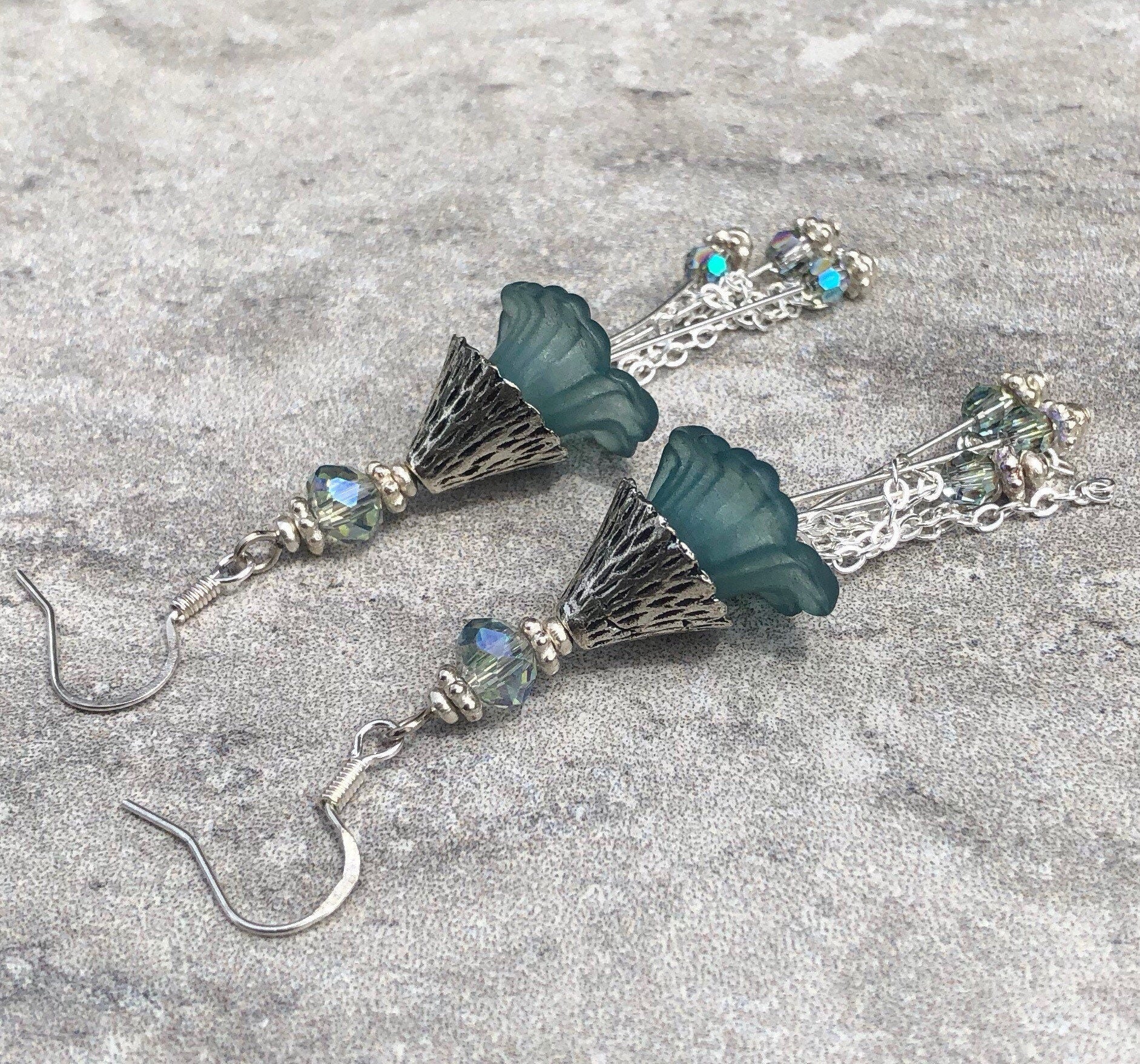 MossberryandStone Blue Lucite Swarovski Crystal Dangle Earrings