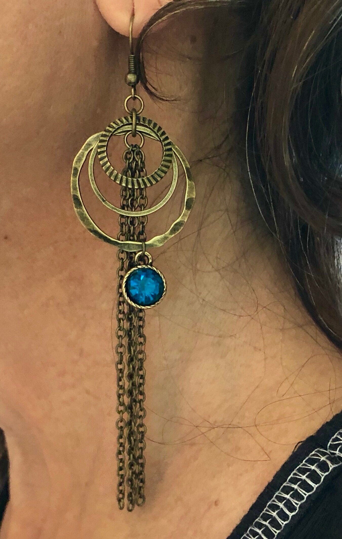 MossberryandStone Antique Bronze Tassel Dangle Earrings with Crystal Charm 4in