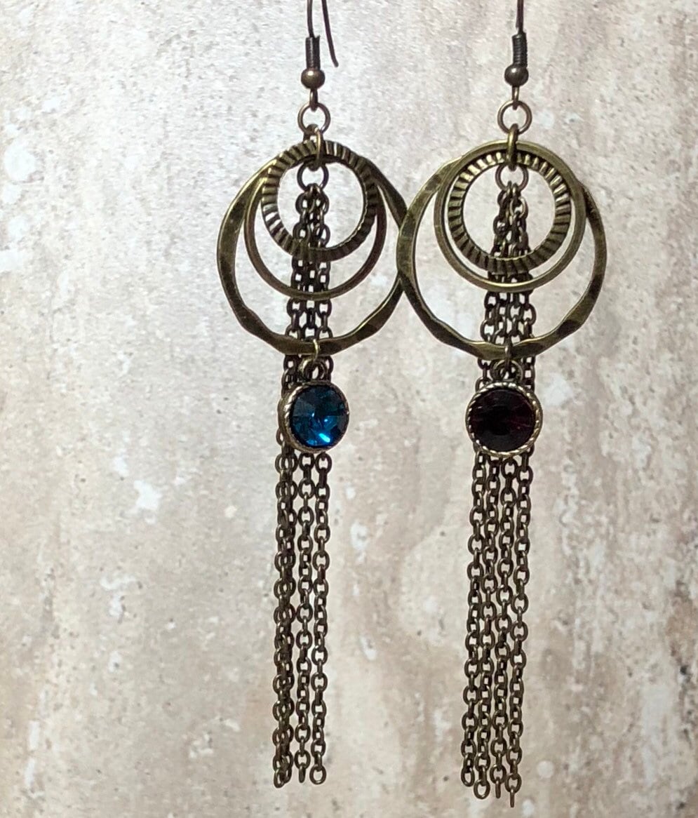 MossberryandStone Antique Bronze Tassel Dangle Earrings with Crystal Charm 4in