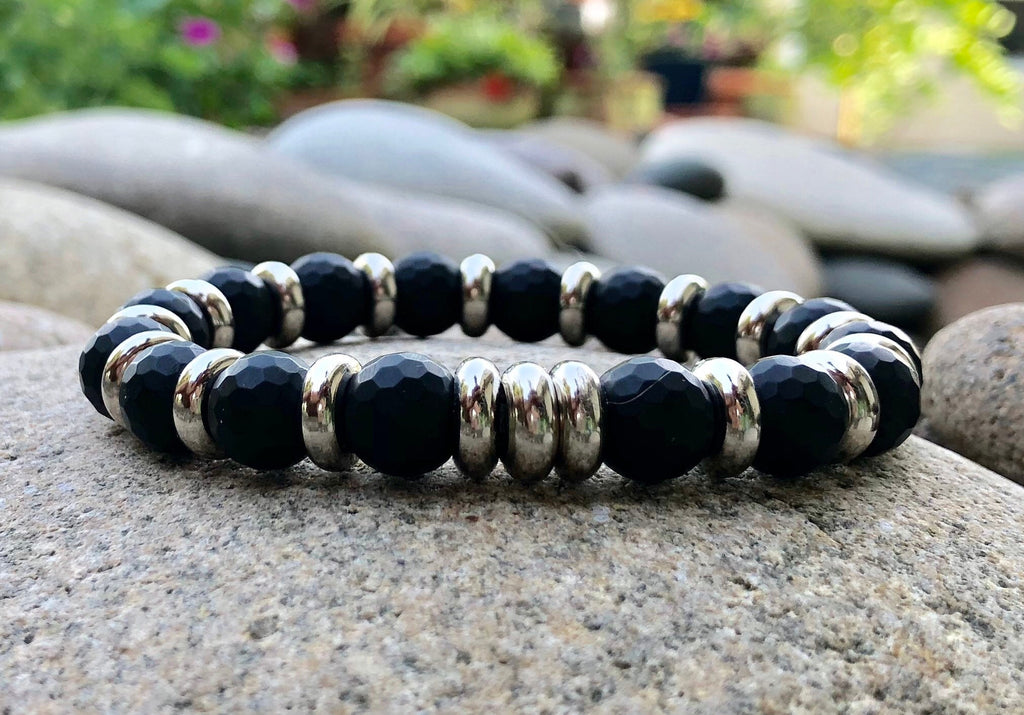 MossberryandStone Mens Onyx Stretch Bracelet 10mm Micro-Faceted Beads