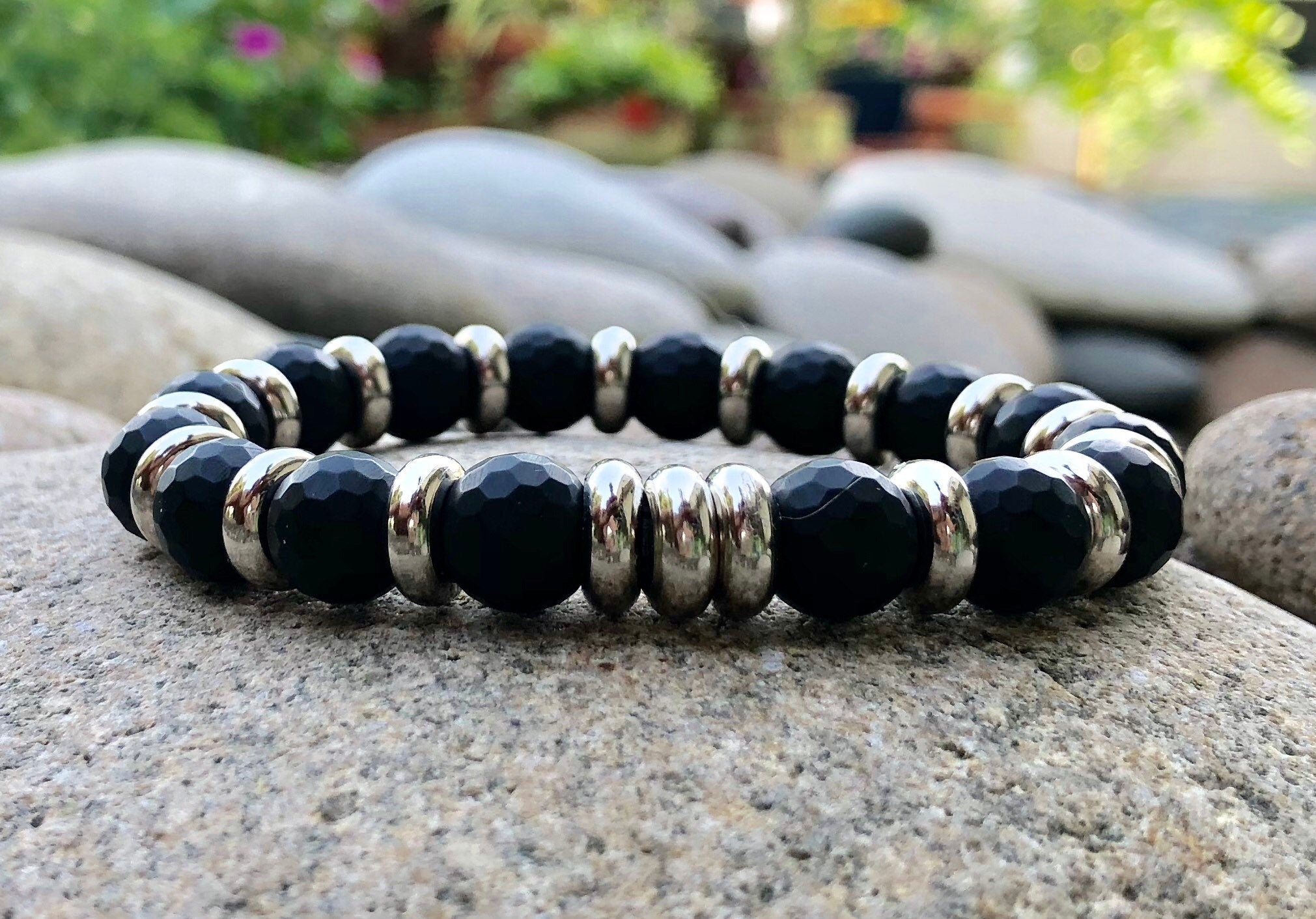 MossberryandStone Mens Onyx Stretch Bracelet 10mm Micro-Faceted Beads