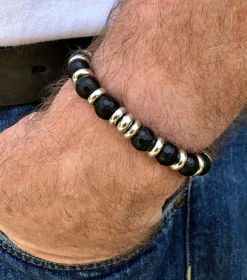 MossberryandStone Mens Onyx Stretch Bracelet 10mm Micro-Faceted Beads
