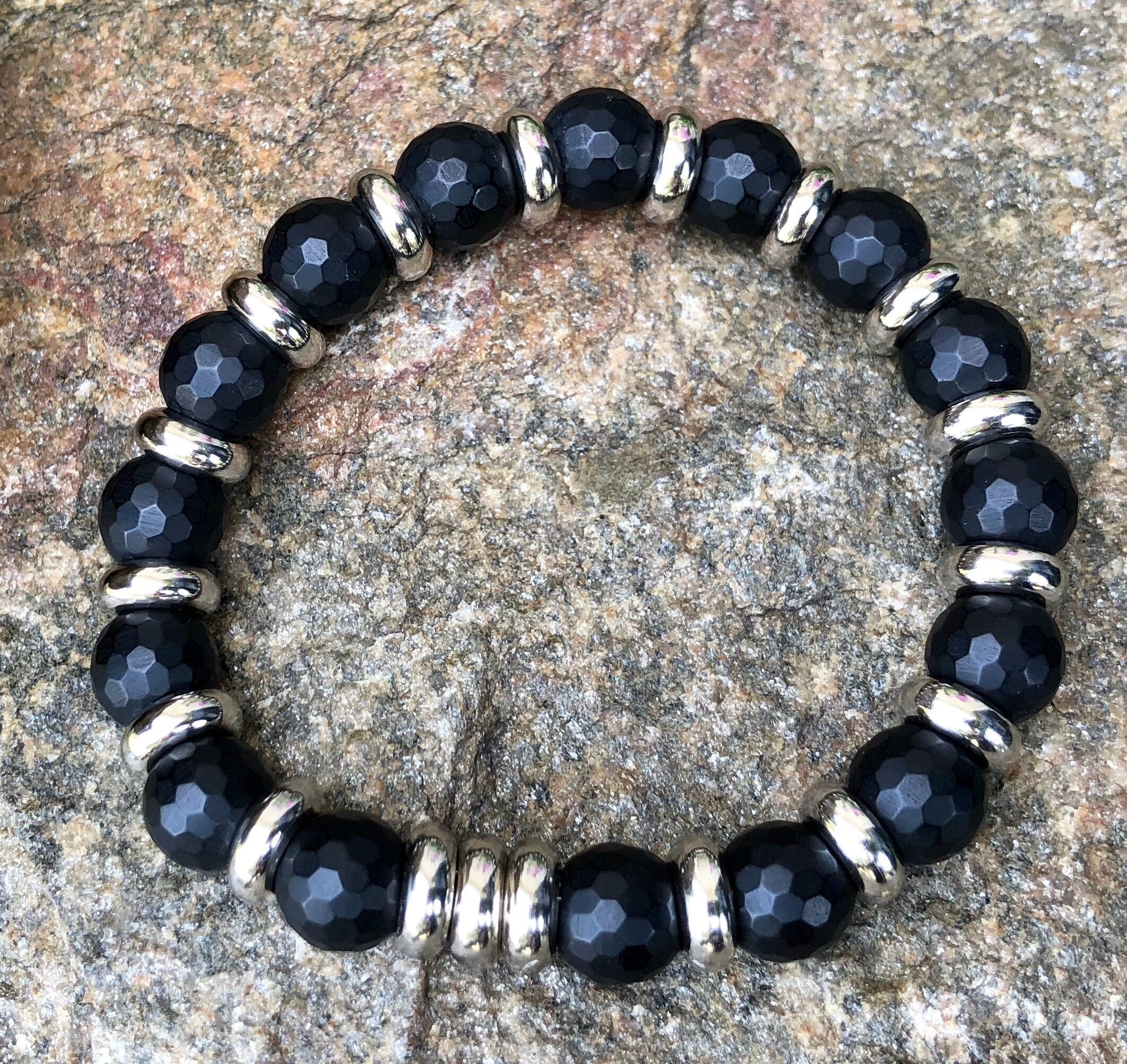MossberryandStone Mens Onyx Stretch Bracelet 10mm Micro-Faceted Beads