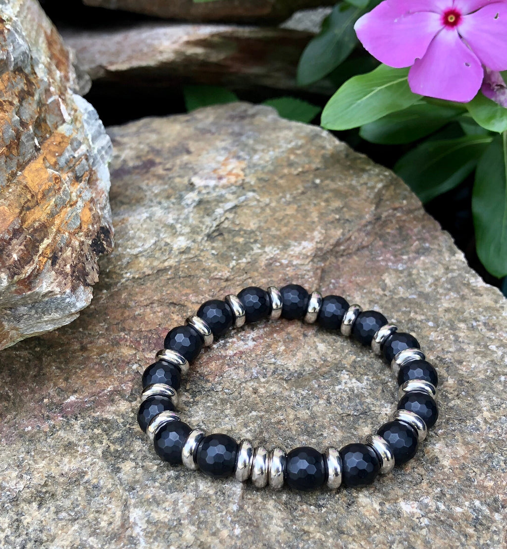MossberryandStone Mens Onyx Stretch Bracelet 10mm Micro-Faceted Beads